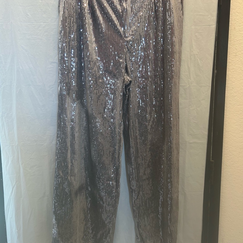 DKNY Galaxy Grey/Silver Sequin Trousers/Pants Sz XL 100% Polyester NWWT